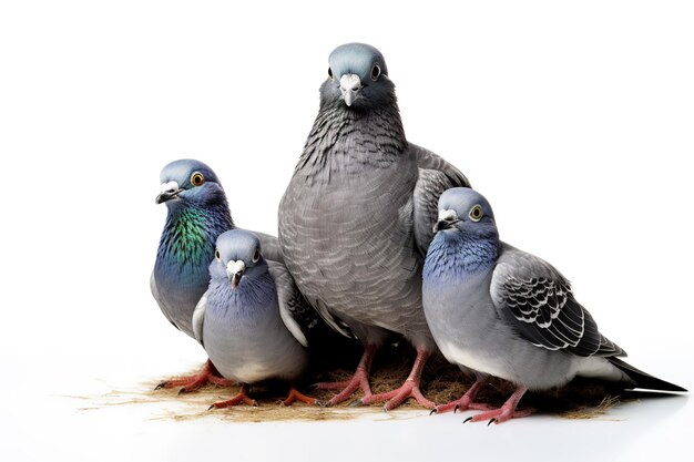 Image of family group of pigeons on white background Birds Wildlife Animals Illustration Generative AI