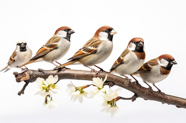 Изображение семейной группы простого воробья на ветке на белом фоне Птицы Дикие животные Иллюстрация Генеративный AI