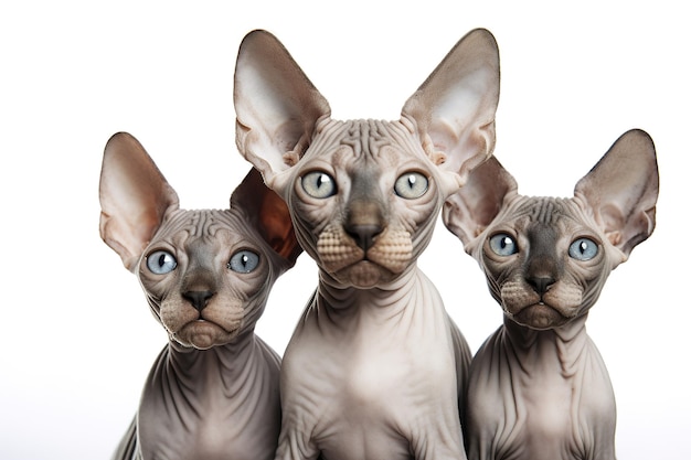 흰색 배경에 스핑크스 고양이의 가족 그룹 이미지 애완 동물 일러스트레이션 생성 AI