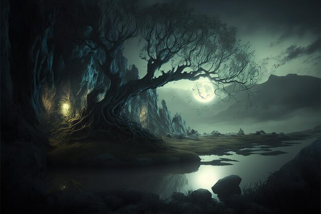 Image of fantasy landscape with tree and moon created using generative ai technology