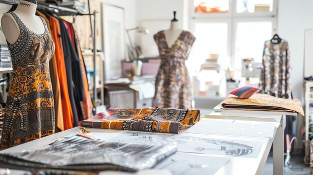 An image of a fashion designers studio There are two mannequins with clothes on them There are also some clothes on a rack