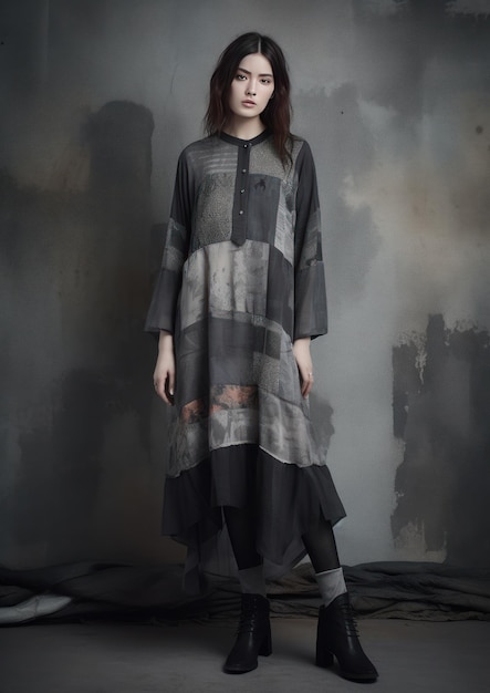 Image of fashion v neck dress on black background generative AI