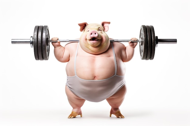 Image of fat pig exercising with a barbell farm animals weightlifting exercise illustration generative ai