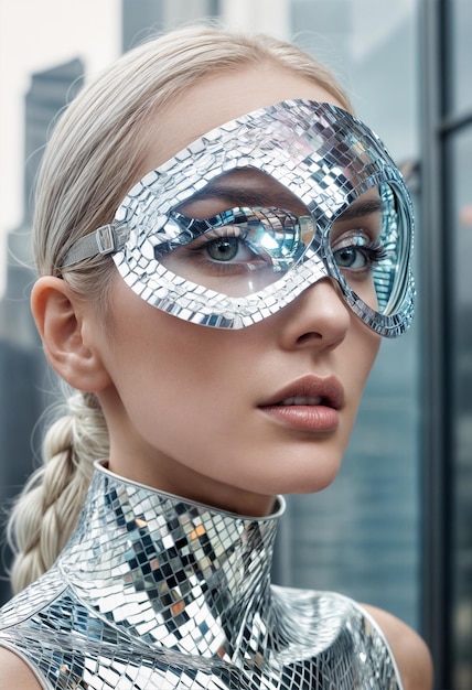 The image features a blonde woman with white hair and reflective sunglasses Generative AI