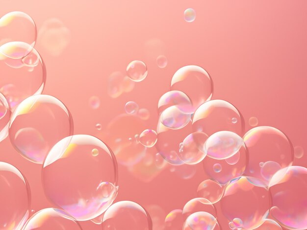 画像はピンクの背景にソープの泡をクローズアップで描いています 泡は大きさが異なります