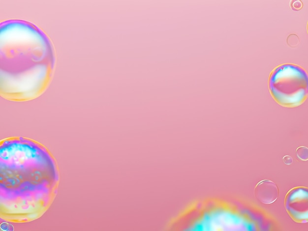 The image features a closeup of soap bubbles on a pink background The bubbles are of varying sizes