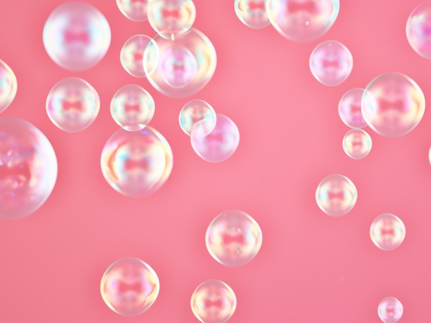 Foto l'immagine presenta un primo piano di bolle di sapone su uno sfondo rosa le bolle sono di dimensioni diverse