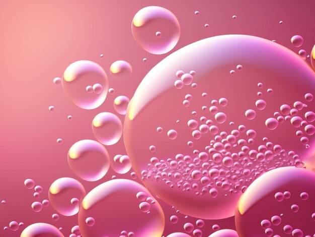 The image features a closeup of soap bubbles on a pink background The bubbles are of varying sizes