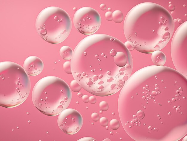 The image features a closeup of soap bubbles on a pink background The bubbles are of varying sizes