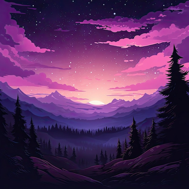 The image features stars clouds mountains and purple hues Generative AI