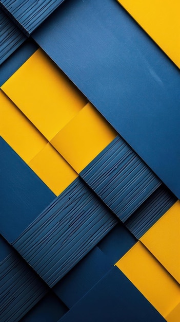The image features a wall with a blue and yellow geometric pattern