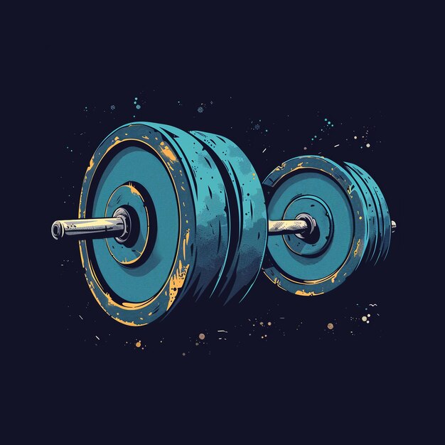 image features a yellow dumbbell with a blue handle set against a black background