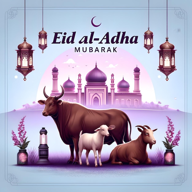 Photo image featuring beef cattle and a goat in front of a mosque with a pastel purple background