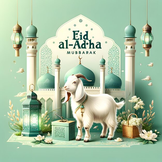 image featuring a goat in front of a mosque with a pastel green background