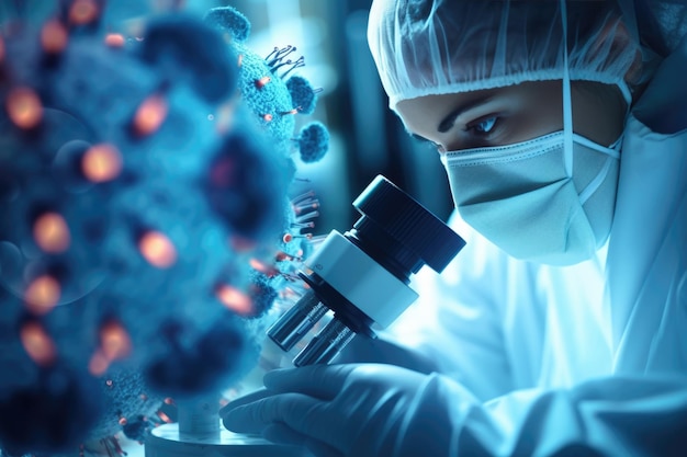 Изображение ученый-женщины, смотрящей через микроскоп, определяющей опасность нового штампа коронавируса, разрабатывающей вакцину, изучающей вирус