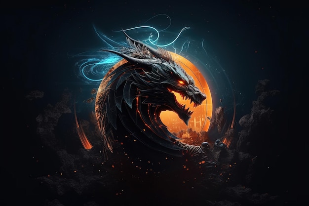 Image of ferocious dragon on black background Wildlife Animals Illustration Generative AI