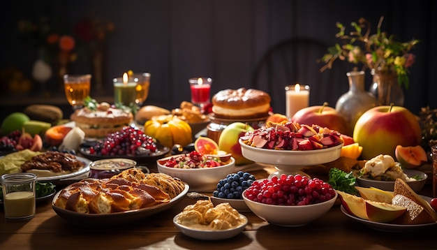 An image of a festive Rosh Hashanah table with traditional dishes representing sweetness and abudan