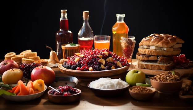 An image of a festive Rosh Hashanah table with traditional dishes representing sweetness and abudan