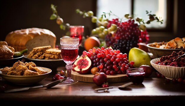 단맛과 아부단을 나타내는 전통 요리가 있는 축제 분위기의 로시 하샤나 테이블 이미지