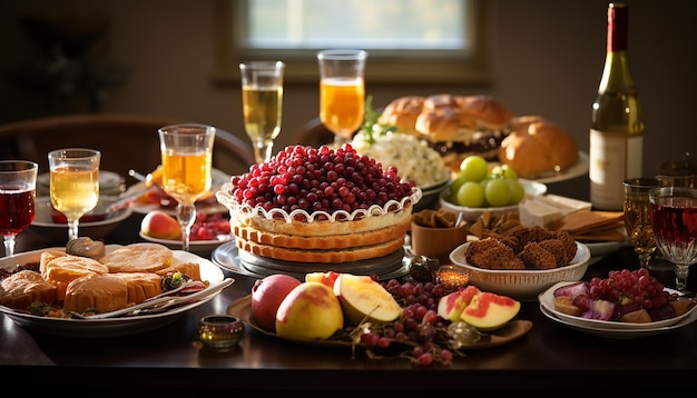 An image of a festive Rosh Hashanah table with traditional dishes representing sweetness and abudan