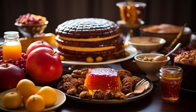 An image of a festive rosh hashanah table with traditional dishes representing sweetness and abudan