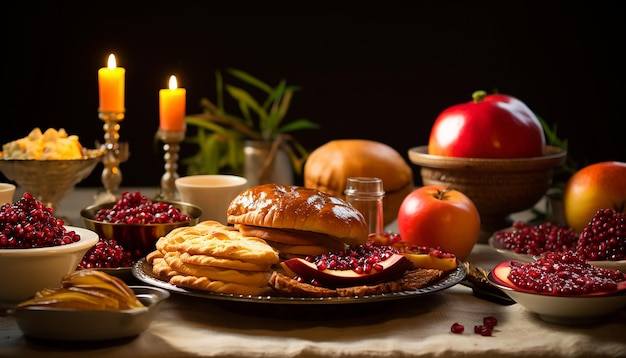 甘味とアブダンを表す伝統的な料理を備えたお祝いのロシュ・ハシャナ・テーブルのイメージ
