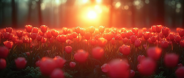 a image of a field of red tulips with the sun shining through the trees