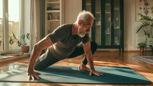 Photo an image of a fit senior man on a yoga mat doing back stretches and core strengthening exercises in his sunny apartment during his morning workout