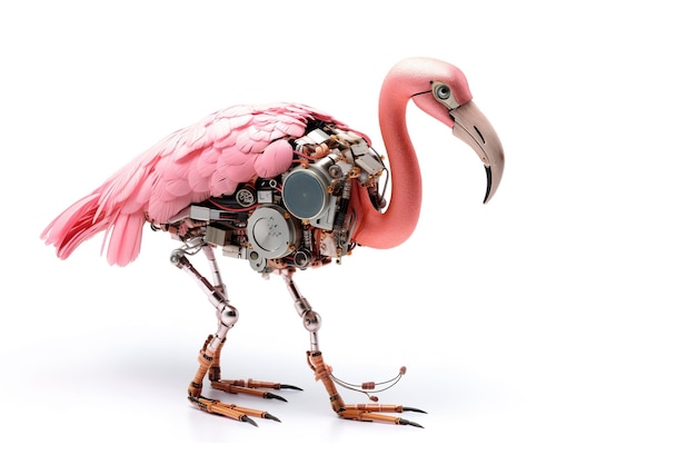 白い背景に電子ロボットに改造されたフラミンゴの画像 野生生物 動物 鳥 イラスト ジェネレーティブ AI