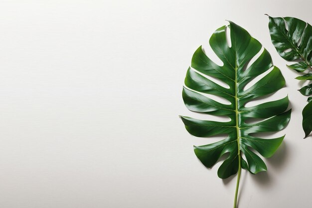 Photo image of a flat lay with a tropical leaf on table for mockups