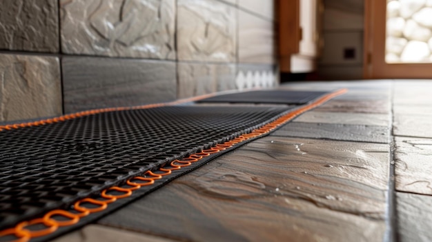 Photo an image of a floor warming mat being installed under tile flooring showing the thin unobtrusive