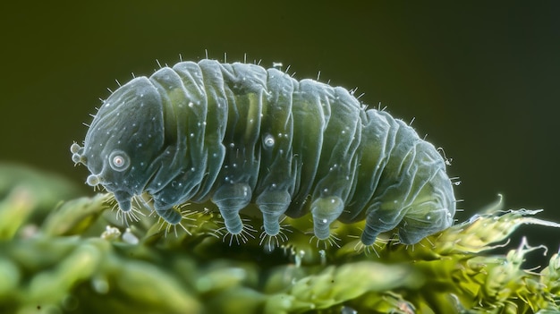 Photo in the next image the focus is on a single solitary tardigrade clinging to a blade of green moss its