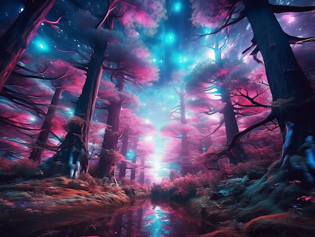 ピンクとブルーの光の森のイメージ