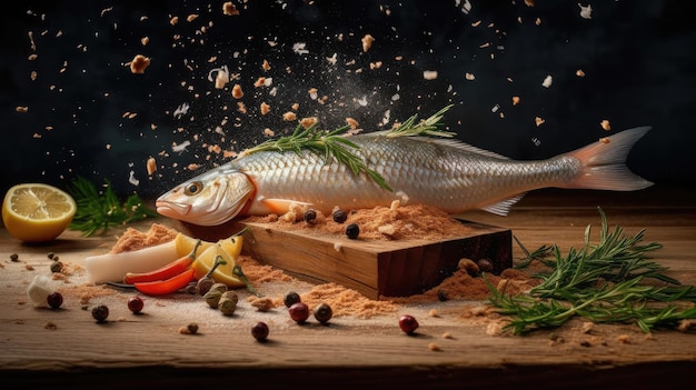 An image of fresh sea fish and flying spices on a wooden board can be seen against a gray background fresh meal preparation ready for cooking extreme acuity