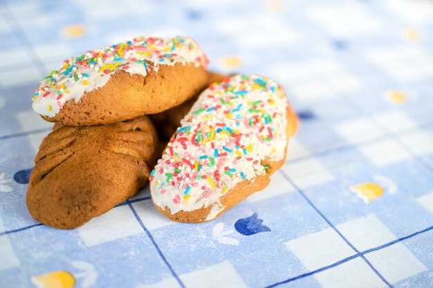 Image of Freshly made Tea pastries exposed in blue table background