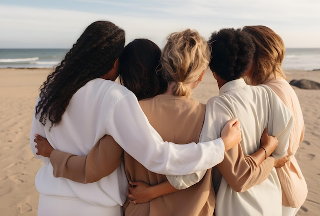 Photo image of friends in a group hugging on the beach