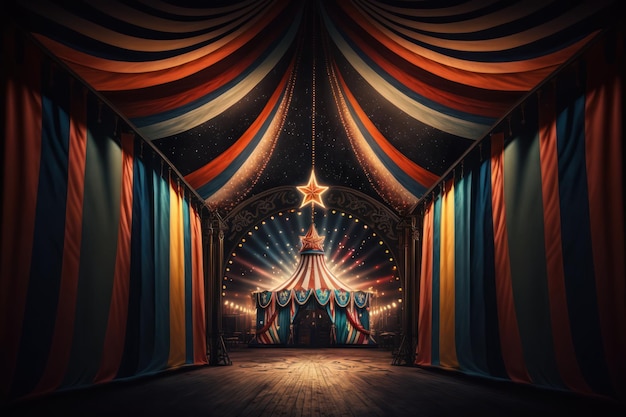 Photo image from inside a large circus illuminated by beautiful lights in its most incredible presentation