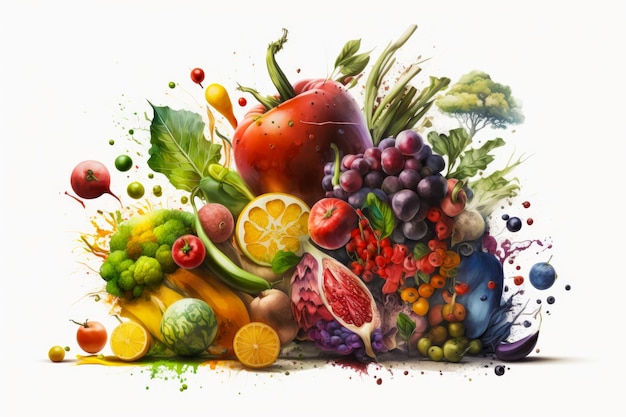 Изображение фруктов и овощей на белом фоне Generative AI