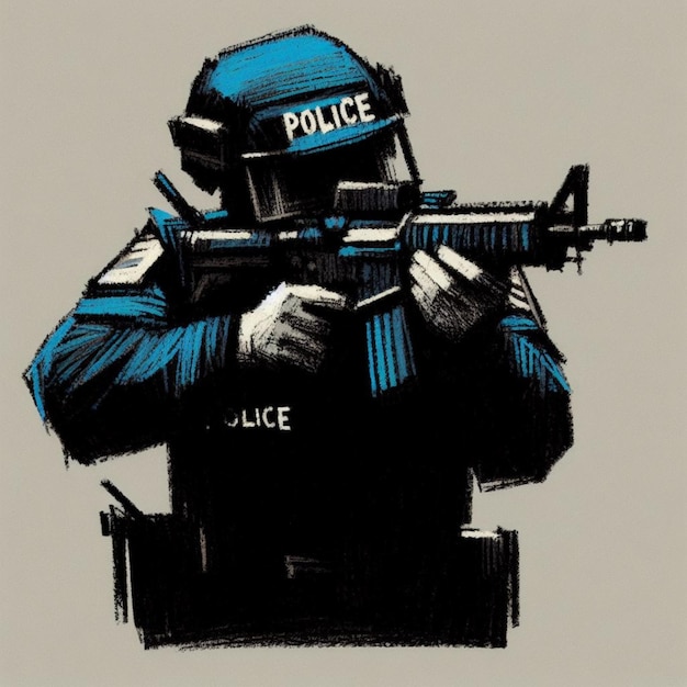 Изображение полностью оснащенного полицейского, направляющего винтовку, демонстрирующего готовность и контроль в ситуациях правоохранительных органов