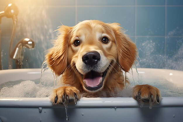 Image of funny picture of a golden retriever dog taking a bath with soap bubbles Pet Animal Illustration Generative AI