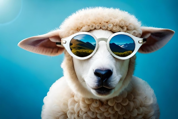 image of a funny sheep wearing sunglasses on blue background