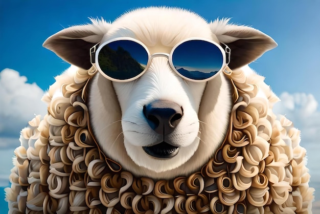 Image of a funny sheep wearing sunglasses on blue background