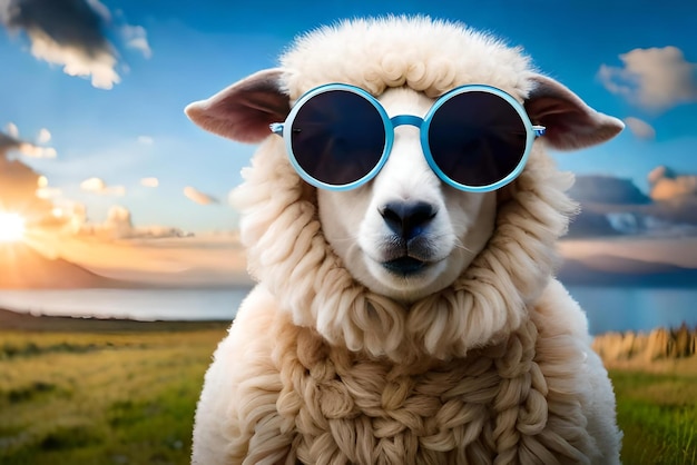 Image of a funny sheep wearing sunglasses on blue background