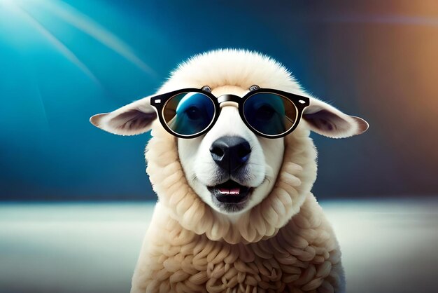 Photo image of a funny sheep wearing sunglasses on blue background