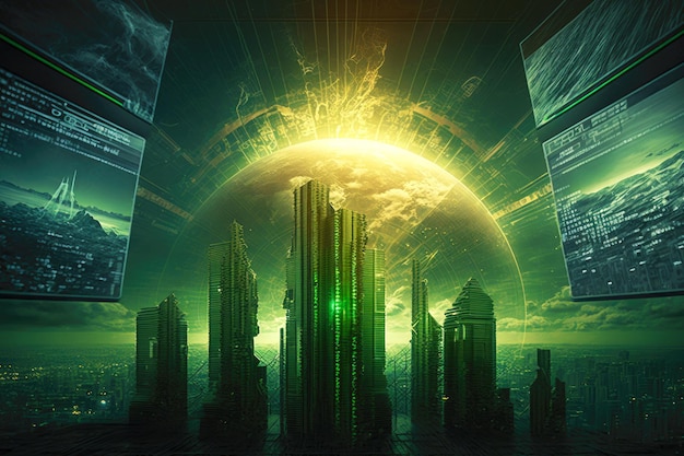 Изображение будущего киберизма, показывающее окружающую среду и систему с концепцией современной технологии