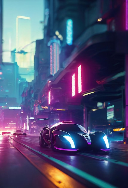 Image of a futuristic car against the backdrop of the city of the future Concept of the car
