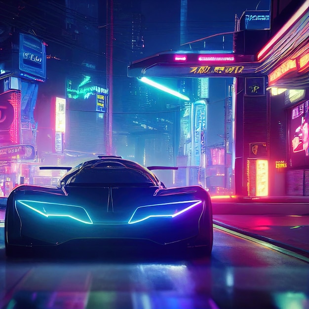 Image of a futuristic car against the backdrop of the city of the future Concept of the car