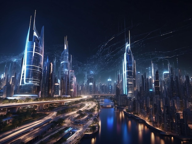 Photo an image of a futuristic city at night inspired by marek okon