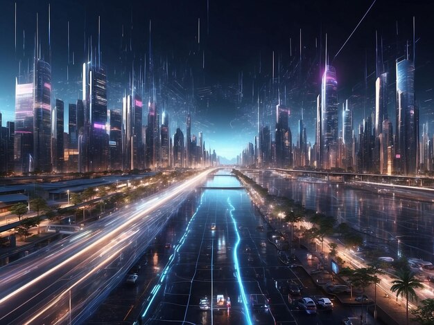 Photo an image of a futuristic city at night inspired by marek okon