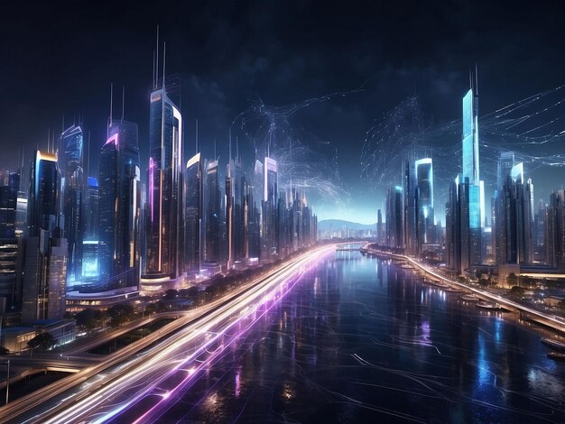 Photo an image of a futuristic city at night inspired by marek okon